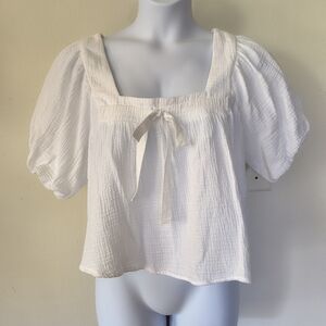 Sunland17 Gauzy Puff Sleeve Drawstring Front Cropped Top White Size Large Beach